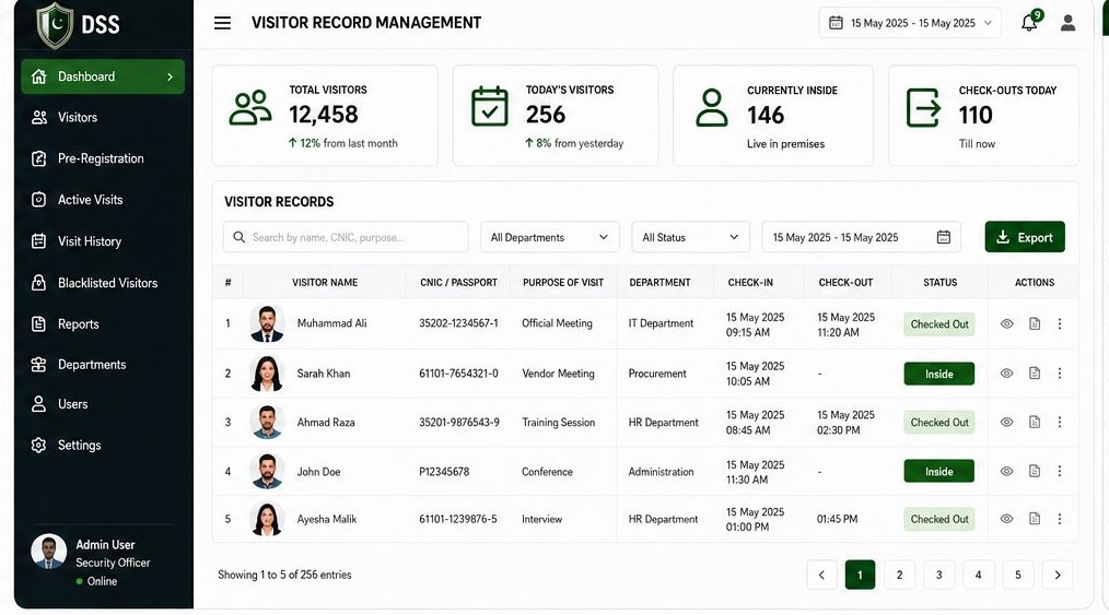 Visitor record management screen for DSS Islamabad